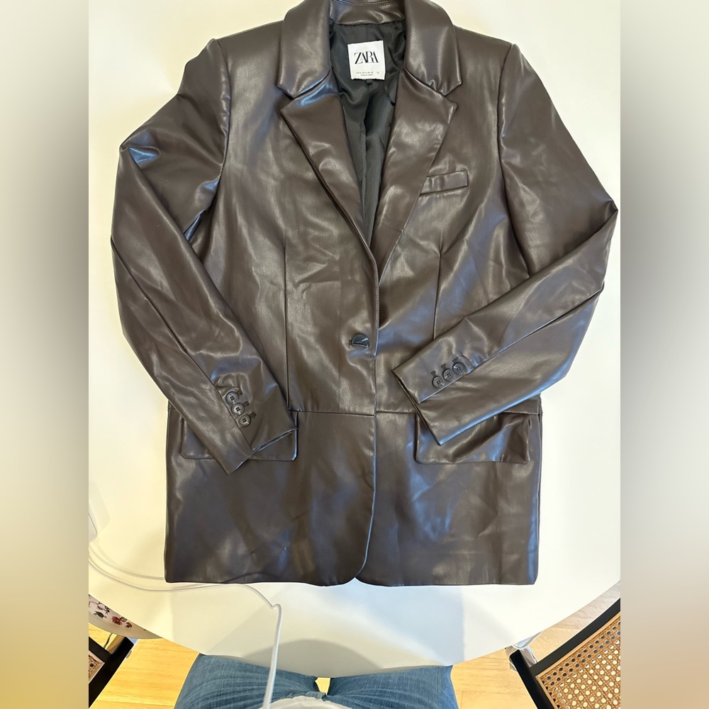 Zara Chocolate Brown Faux Leather Blazer